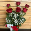 Half a dozen red roses and baby's breath come in this vase