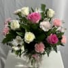 Sweetheart pink and white Roses, pink Carnation, and white Alstroemeria