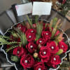 25 pre red roses hand tied bouquet, jewels on each rose, seasonal