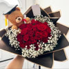 Graduation Bouquet of 20 Red Roses with Plush Bear and accents of