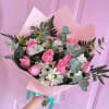 10 Pink Roses Arranged with White Daisies and Accents of Eucalyptus ****Paper