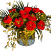 A rich mix of red roses, green dianthus, green hydrangeas, and white