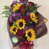 Wrapped Bouquet of Sunflowers, Purple Alstroemerias, and Red Roses with White Montecasino