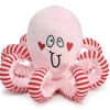 Plush pink Valentine octopus with red hearts on its cheek. Has curled