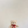 A beige teddy bear with a red ribbon and heart details &mdash;