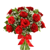 A stunning bouquet of one dozen vibrant red roses, elegantly arranged with