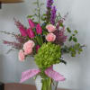 The best of spring! Pink Spray Roses, Hydrangea, Perky Tulips, and heather