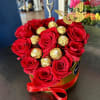 3D hand arranged floral box design with a dozen red roses and