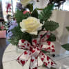 An artificial pair of white roses in a classic bud vase, perfect