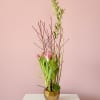 Soft tulips rise gently from sculptural branches,  arranged in a warm
