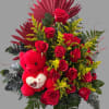 Oriental style rose bouquet with teddy bear and roses