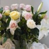 White Hybrid Lilies, Pink  Garden Roses,  White Garden Roses, 