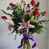 Beautiful Oriental lily and red rose arrangement.