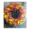 A beautiful and elegant European-style wreath with mixed pink and yellow flowers