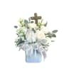 Faith is an all white arrangement full of white blooms, eucalyptus and