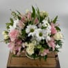 Brighten any moment with this exquisite arrangement of white daisies, soft pink
