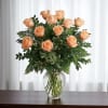 A gorgeous dozen peach roses in a vase with greenery and filler