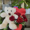 Fresh six roses in heart with plush 