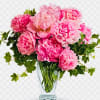 This stunning arrangement features freshly cut pink peonies, celebrated for their lush