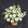 All white snapdragons, stock, roses and daisies arranged in a brown wicker