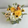 White Hydrangea, Yellow Roses, Viking Poms, Hypericum Berries, Solidago and Assorted Greens