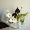 A bold, fashion-forward bouquet featuring glossy dark anthuriums, crisp white gerberas, and