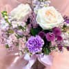 medium sized vase arrangement in purple, lavender, cream and pink