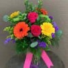 Send these bright, stunning gerbera daisies, roses, green button mums, and filler