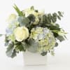 This arrangement includes blue hydrangea, white roses and tulips.