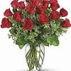 18 Red Roses long stem arranged in a glass vase. 
