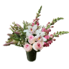 Light pink roses, white orchid, purple tulips, pink snapdragons and wax flower