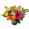 Orange roses, yellow spray roses, sunflower, green hydrangea, hot pink gerbera daisy