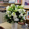 white tulip, white rose white amarylis and x-mas greener