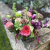 Coral garden roses, green hydrangea, moody stock and tulips, hanging amaranth and