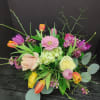 Great composition of tulips hydrangea and gerbera daisy and roses