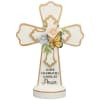 This pedestal cross is made of hand painted resin. W: 8 1/2"