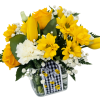 Yellow daisies, roses, tulips and carnations arranged in a cube vase with