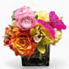 Roses orchids and more arranged in a modern glass cube style vase.