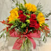 Roses with matching spray roses, Sunflowers with matching Solidago, Preserved Oak Leaves