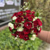 Round natural bouquet with red Roses , spray roses and wax with