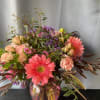  Lillies Roses alstroemeria, Stock, with fresh greens arranged in a clear