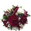Mixture of burgundy pixie carnations, white spray roses, greenery and filler flower