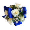 White Spray Roses with greenery and filler with blue satin ribbon on