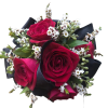 Red Spray roses with greenery and filler with Black ribbon on pearl