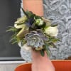 Succulent, Ranunculus, Spray Roses, Thistle and Greenery with gold ribbon on pearl