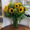 A dozen sunflowers arranged with solidago in a leaf lined french vase.