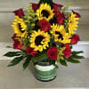 5 Sunflowers with 12 Red Roses and Greenery arranged in a glass