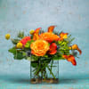 Enjoy this Hot and very bold orange fire free sprit arrangement. With