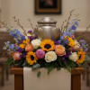 Sunflower and bright flowers to memorialize your loved one. Beautifully arranged to