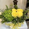 Hydrangeas with 4 yellow roses with premium greenery in a rectangular wooden